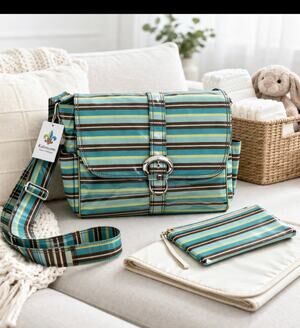 Kalencom Diaper Bag Messenger Turquoise Stripe Laminated Crossbody Set NWT